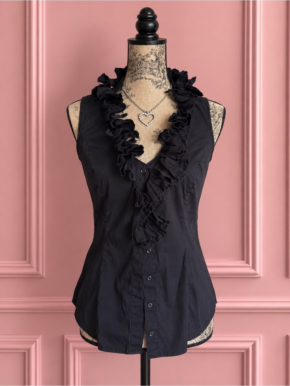 Sleeveless Ruffle Front Black Button-Up Top Size 2